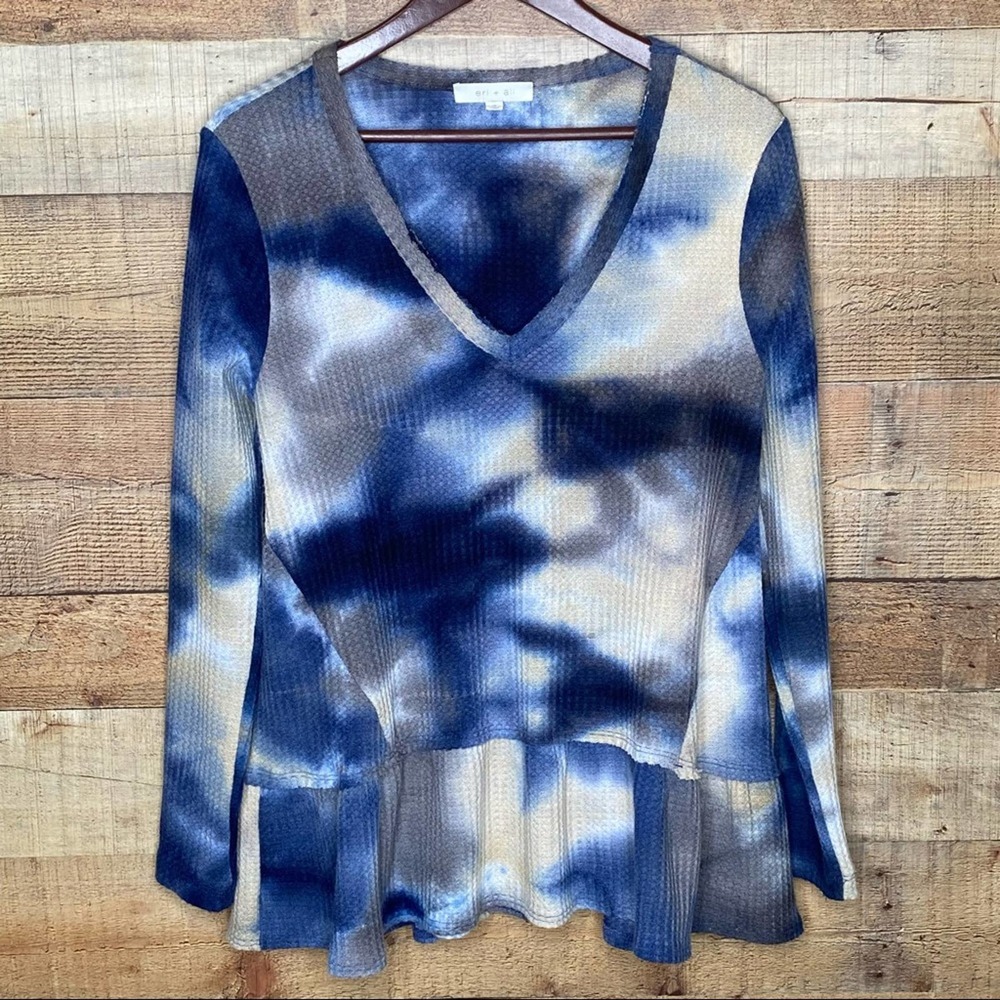 Anthropologie Eri & Ali Tallie Tie Dye Waffle Knit Thermal Peplum Top Sz Medium